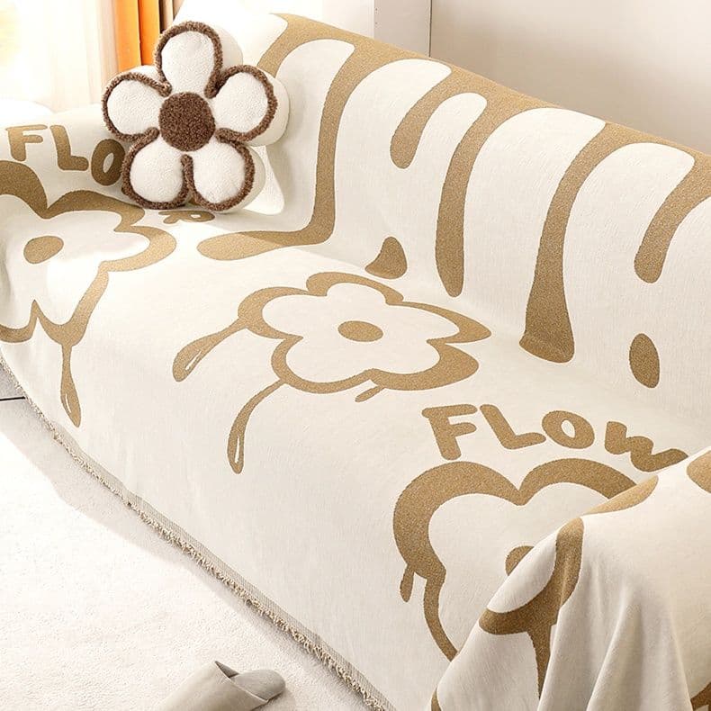 ソファーカバー 花柄しずく模様両面使用フリンジ付きソファーカバー