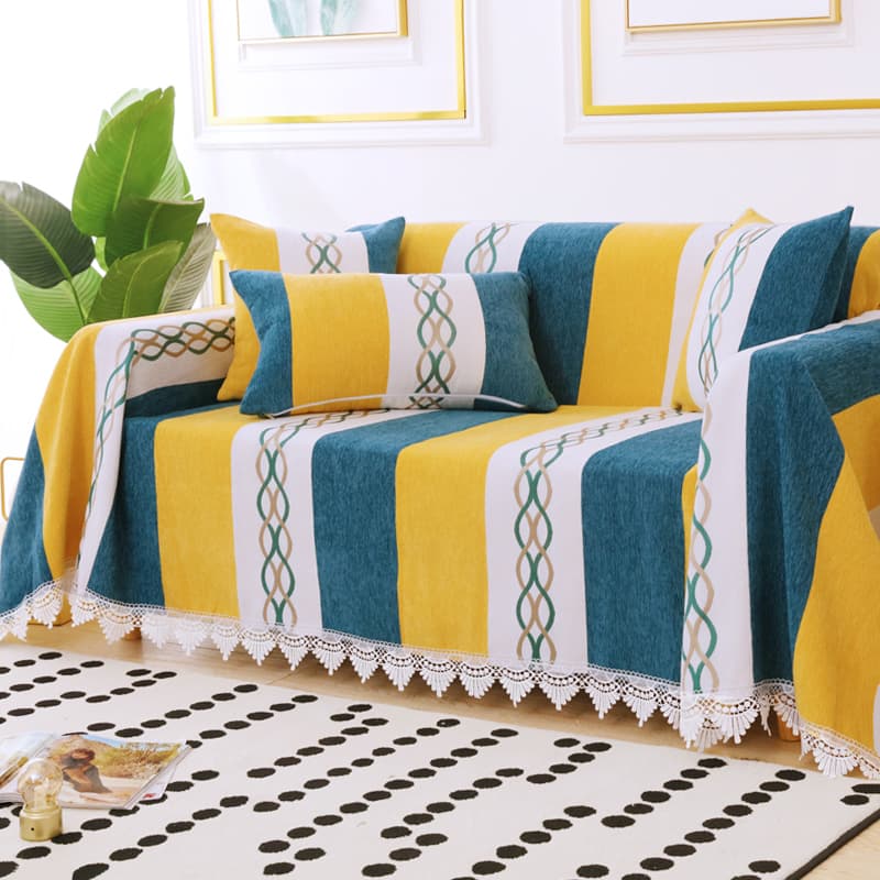 ソファーカバー 縦縞模様と装飾柄入り房付きマルチカバー